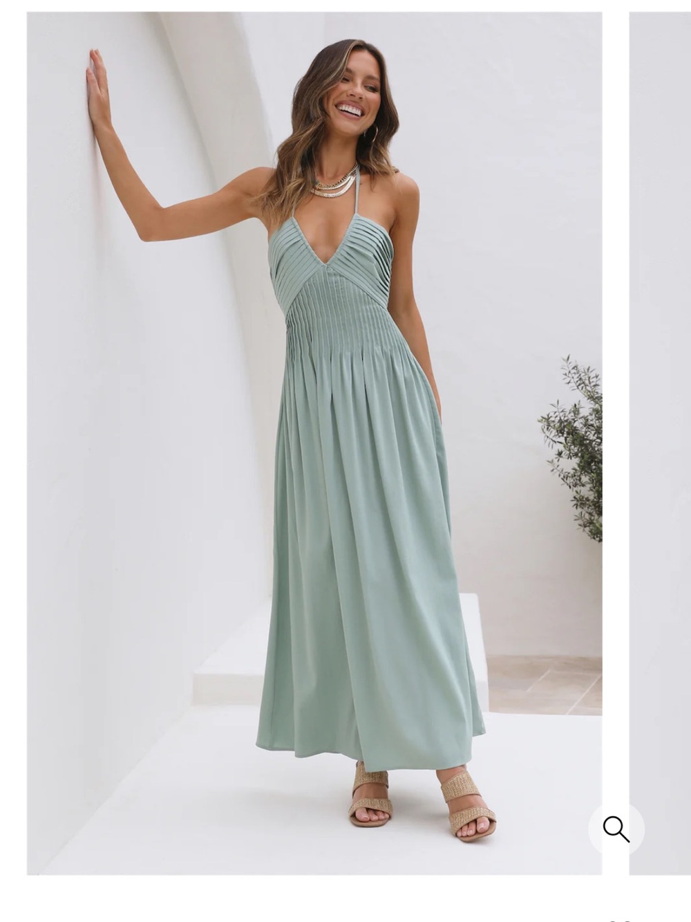 Smocked Halter Midi Dress in Sage Green